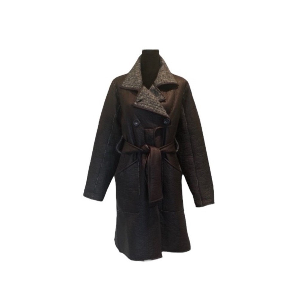 Lundstrom contemporary long wool blend trench pleather winter coat waist tie 10